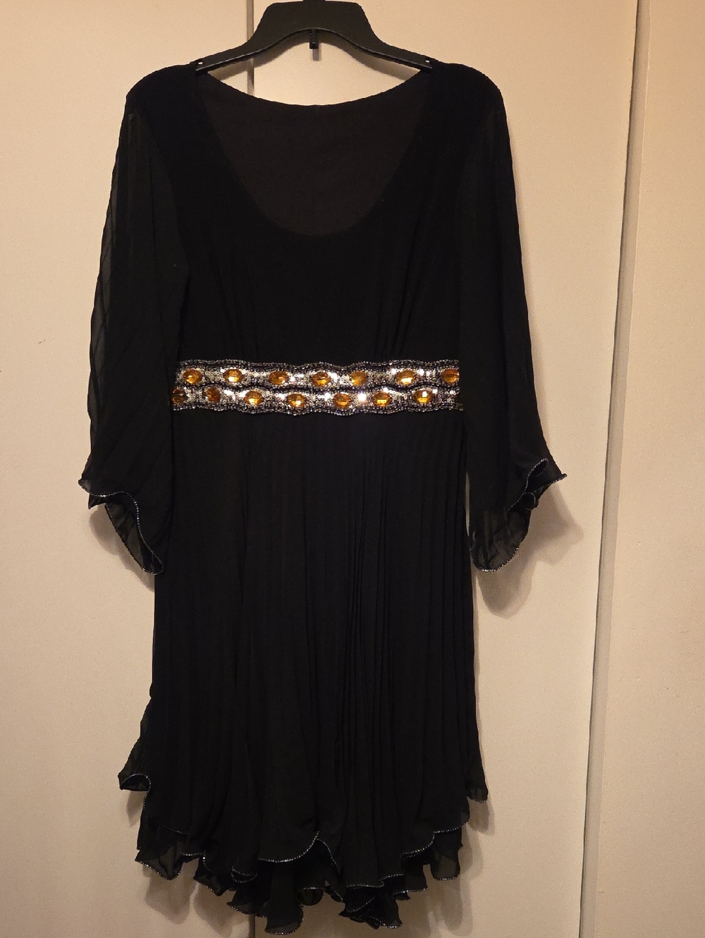Black Long-Sleeve Midi Dress with Jeweled Amber Waistband